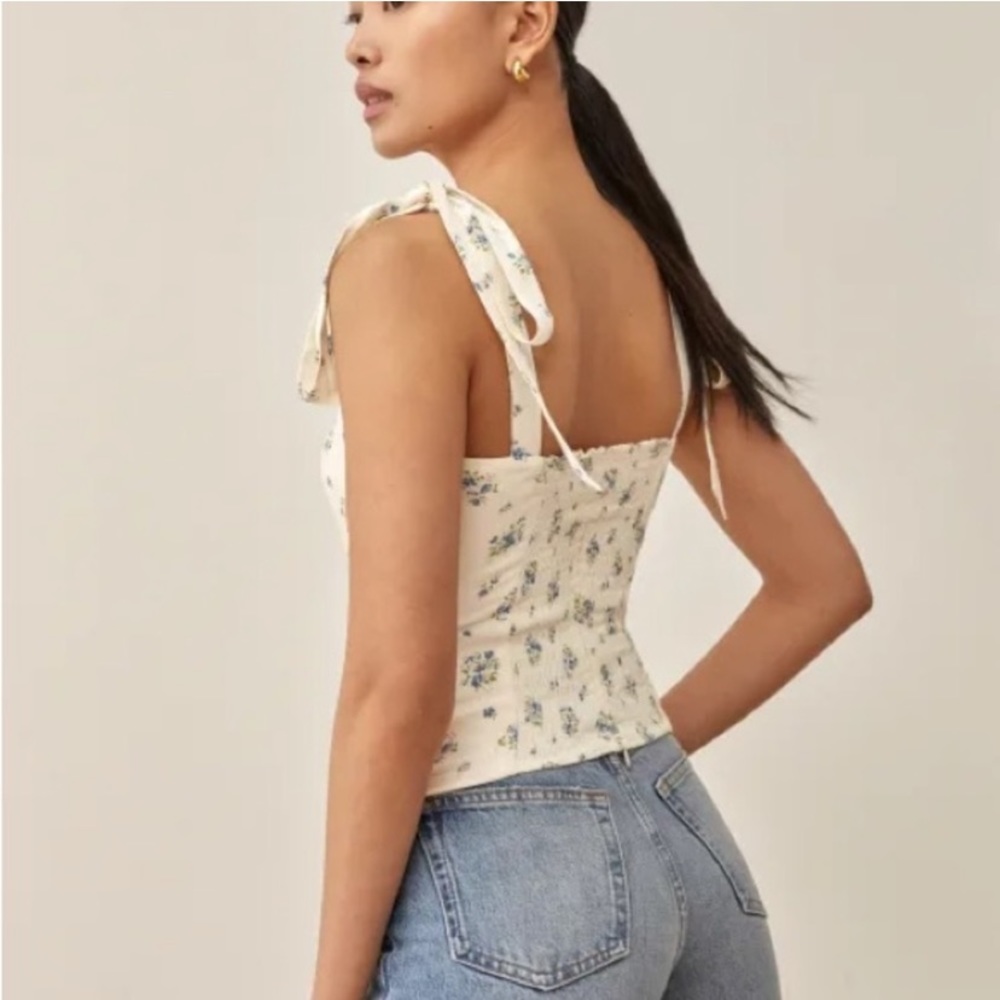Reformation Cream Floral Tie-Shoulder Crop Top - Picture 2 of 7